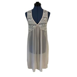A'reve Womens Lace Chiffon Sleeveless Sheer Mini Dress Cream Coverup Coquette S